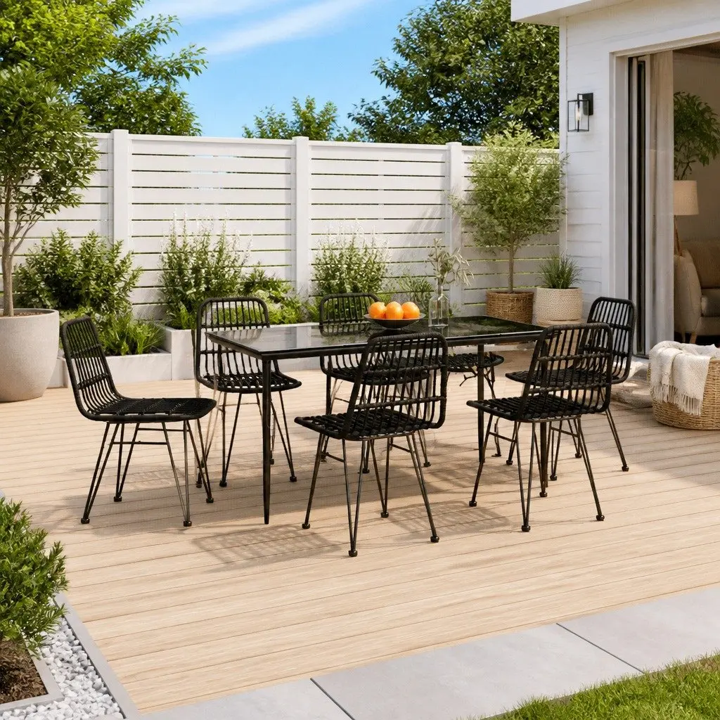 7 Piece Garden Dining Set Outdoor Patio Furniture Black PE Rattan Table Chairs