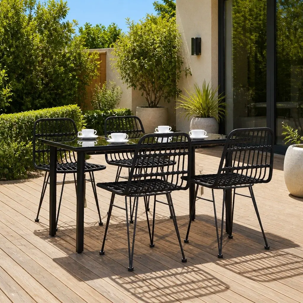 5 Piece Garden Dining Set Outdoor Patio Furniture Black Poly Rattan Chair Table