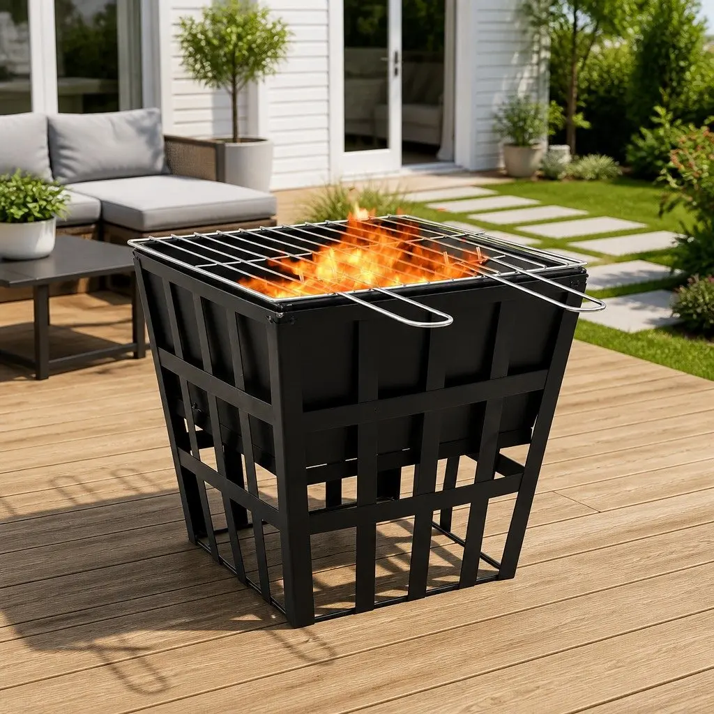 2-in-1 Fire Pit BBQ Grill Steel Outdoor Cooking 34x34x48cm Black