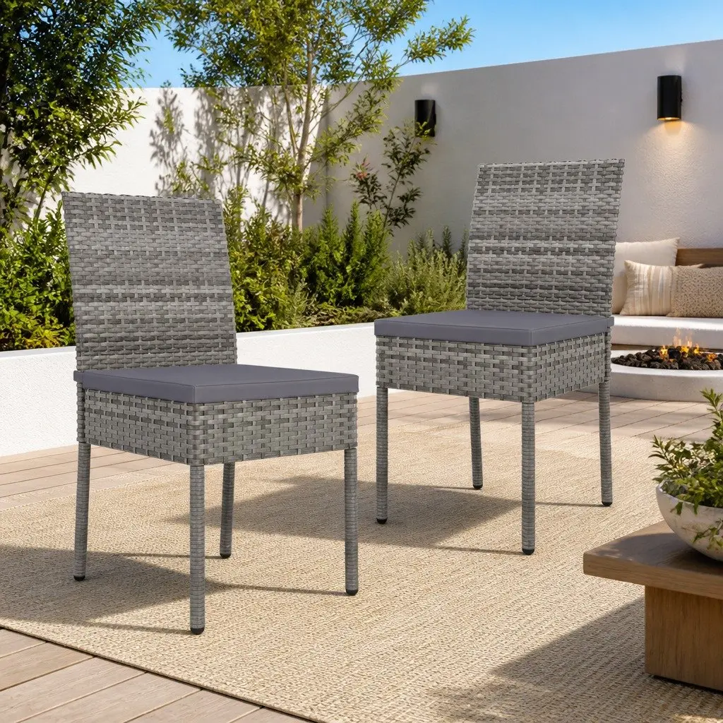 Outdoor Dining Chairs Set of 2 Poly Rattan Garden Seating with Cushions Grey
