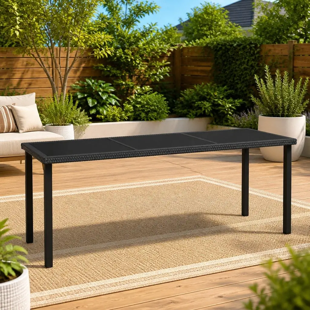 Outdoor Dining Table Black Garden Patio Furniture Poly Rattan Glass Tabletop