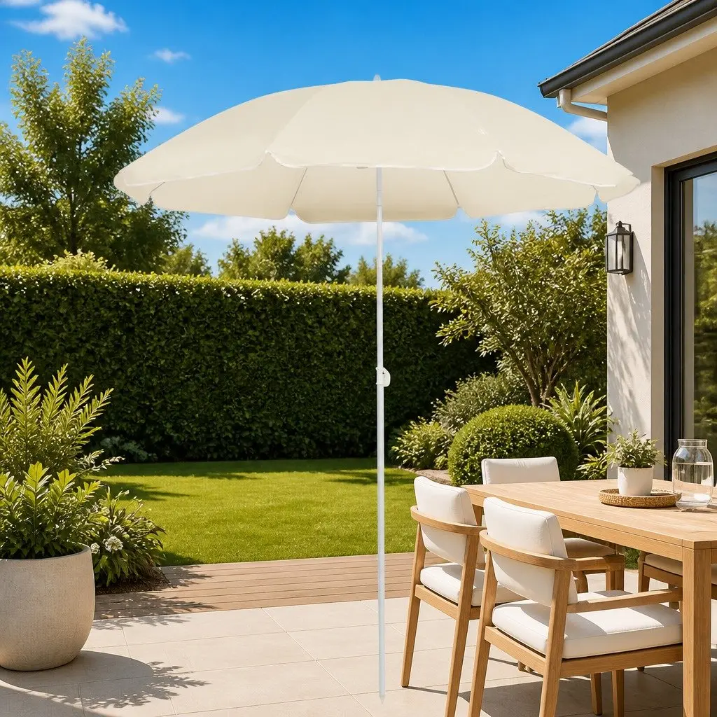Garden Parasol Umbrella UV Protective Polyester Canopy 180cm Beige Steel Pole