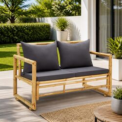 Garden Bench 115 cm Bamboo Outdoor Seating with Grey Padded Cushions Slatted