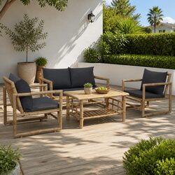 Garden Lounge Set 4 Piece Bamboo Outdoor Furniture Bench Chairs Table Cushions