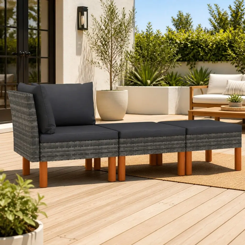 3 Piece Garden Lounge Set Grey Sectional Sofa with Cushions Rattan