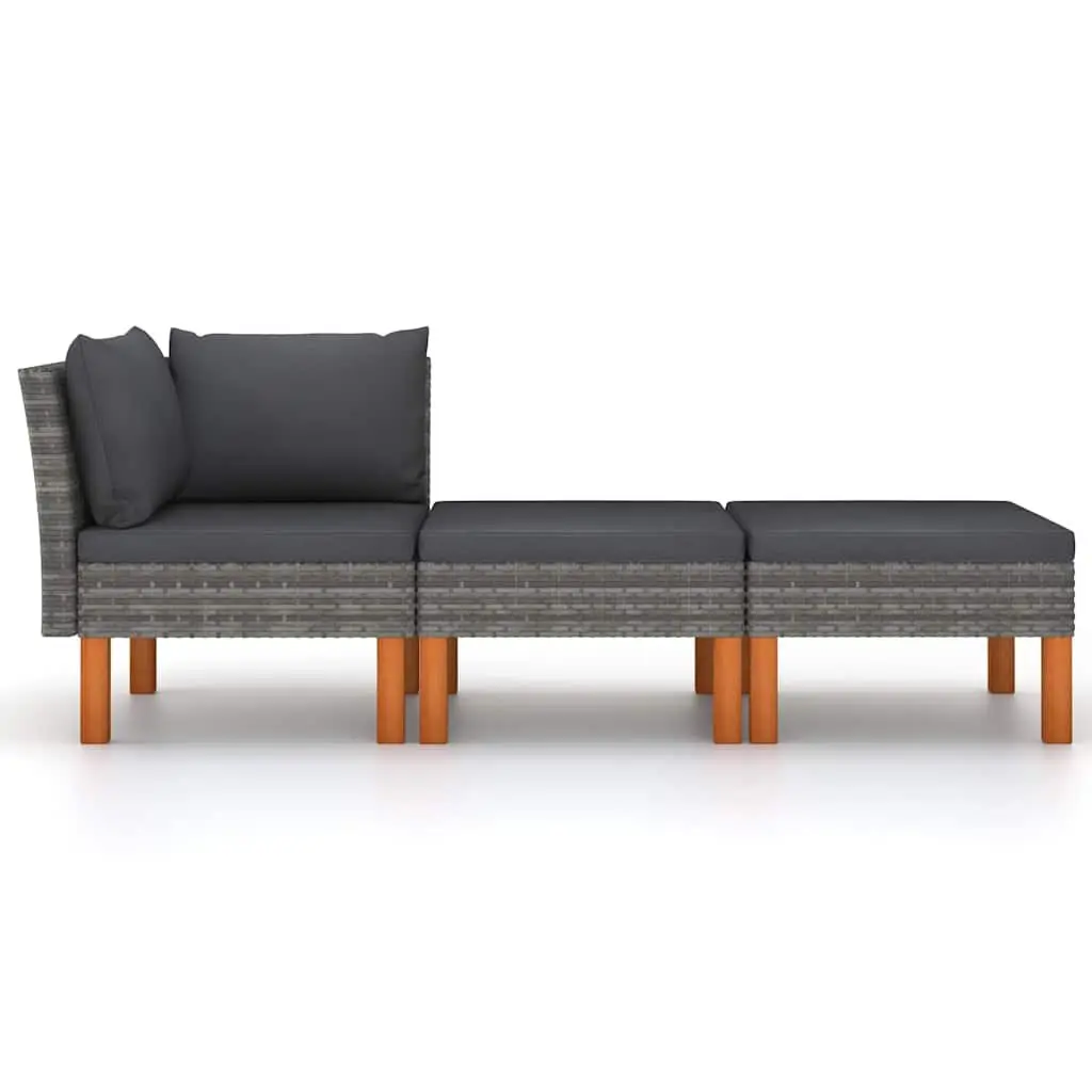 3 Piece Garden Lounge Set Grey Sectional Sofa with Cushions Rattan