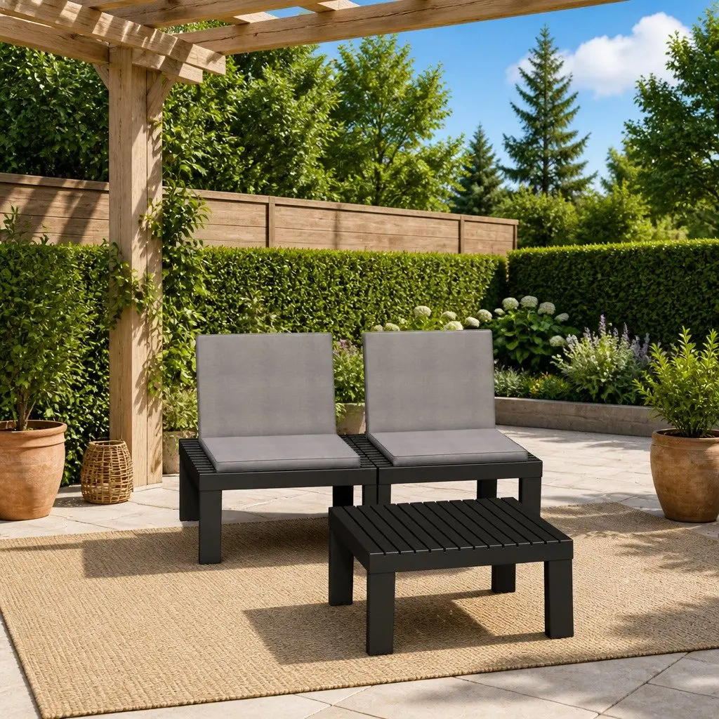 2 Piece Garden Lounge Set Cushioned Seating Grey Plastic Outdoor Furniture