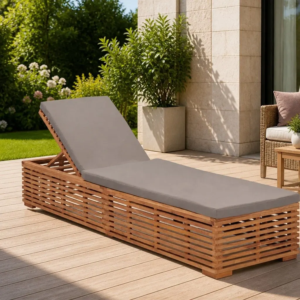 Sun Lounger Teak Wood Adjustable Backrest Outdoor Reclining Chair with Grey Cushion