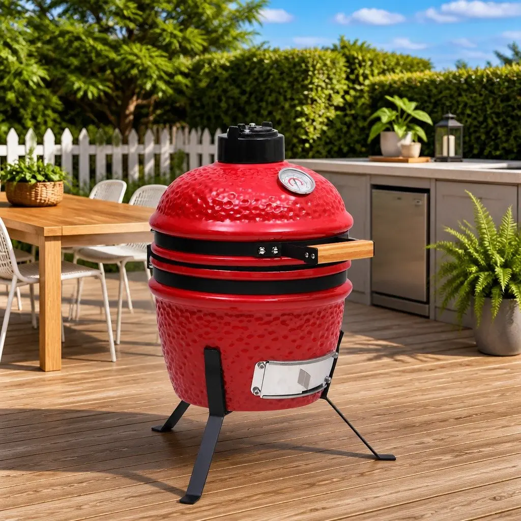 Ceramic Kamado Barbecue Grill Smoker 56cm Red Coal Wood Outdoor Cooking