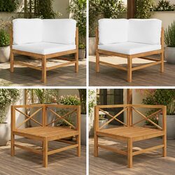 Outdoor Corner Sectional Sofa Set 2 Pieces Cream Cushions Teak Wood Patio Garden