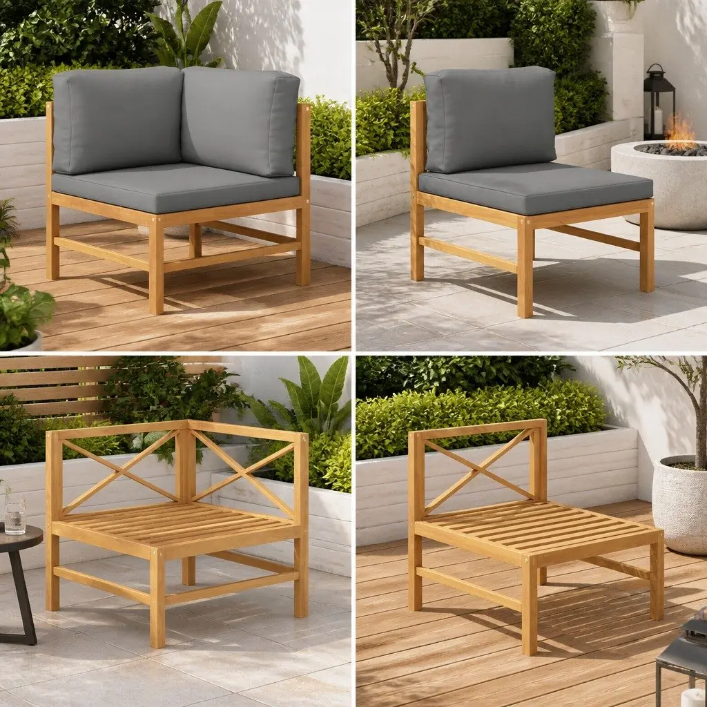 Outdoor Sectional Sofa Lounge Set Teak Wood Construction 2 Piece Grey Cushions