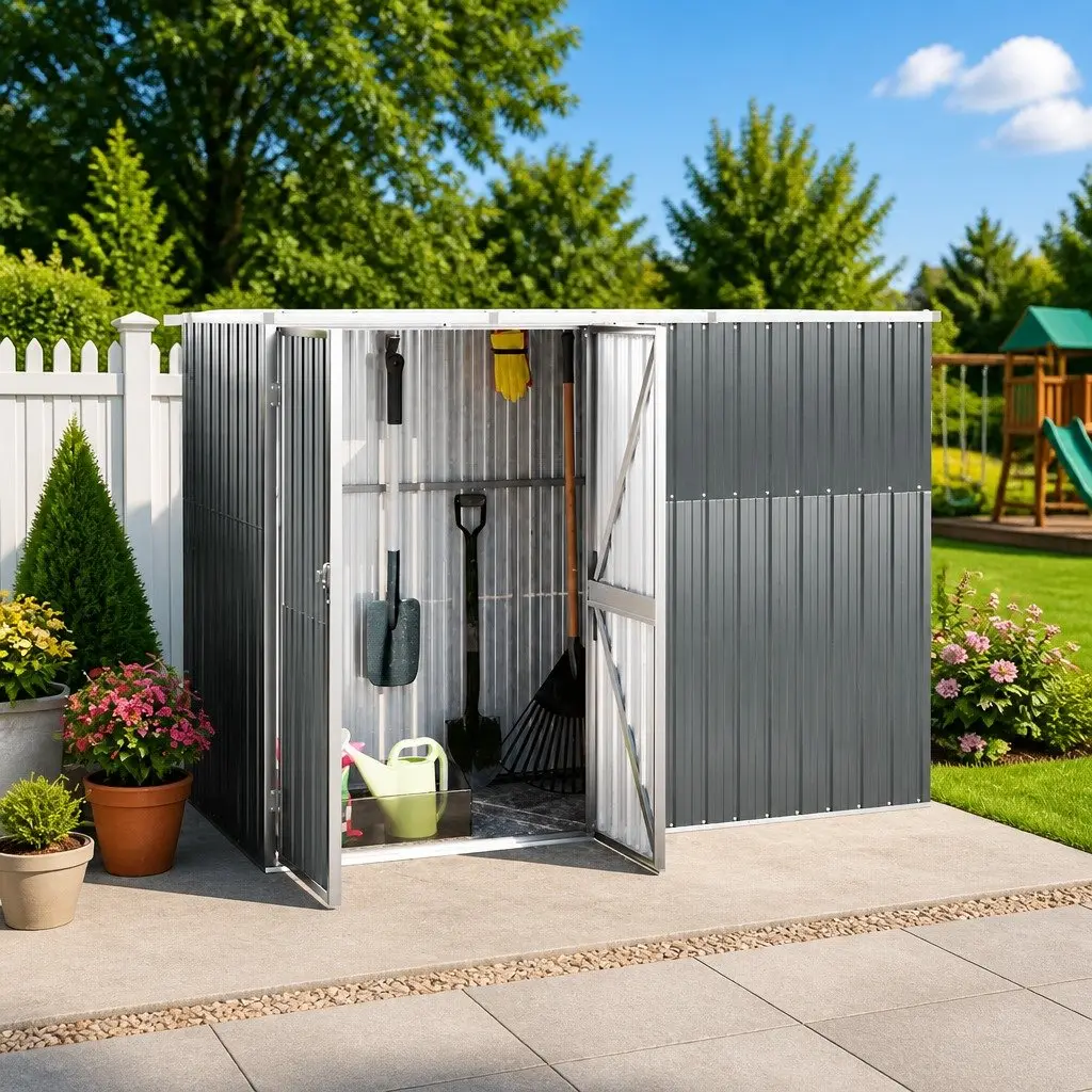 Garden Tool Shed Grey 225x89x161 cm Outdoor Storage Galvanised Steel Frame