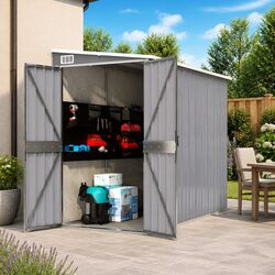 Wall-mounted Garden Shed Grey Outdoor Storage Galvanised Steel Double Door