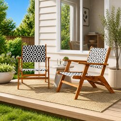Garden Chairs Outdoor Patio Set 2 Pieces Acacia Wood Rattan Backrest Brown