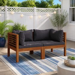 Outdoor Corner Sectional Sofa Set 2 pcs Grey Cushions Acacia Wood Garden Seating