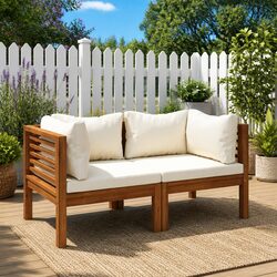 Outdoor Corner Sofa Set 2 pcs White Cushions Solid Acacia Wood Garden Seating