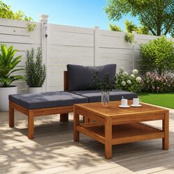 3 Piece Outdoor Garden Lounge Set Acacia Wood Sofa with Grey Cushions Coffee