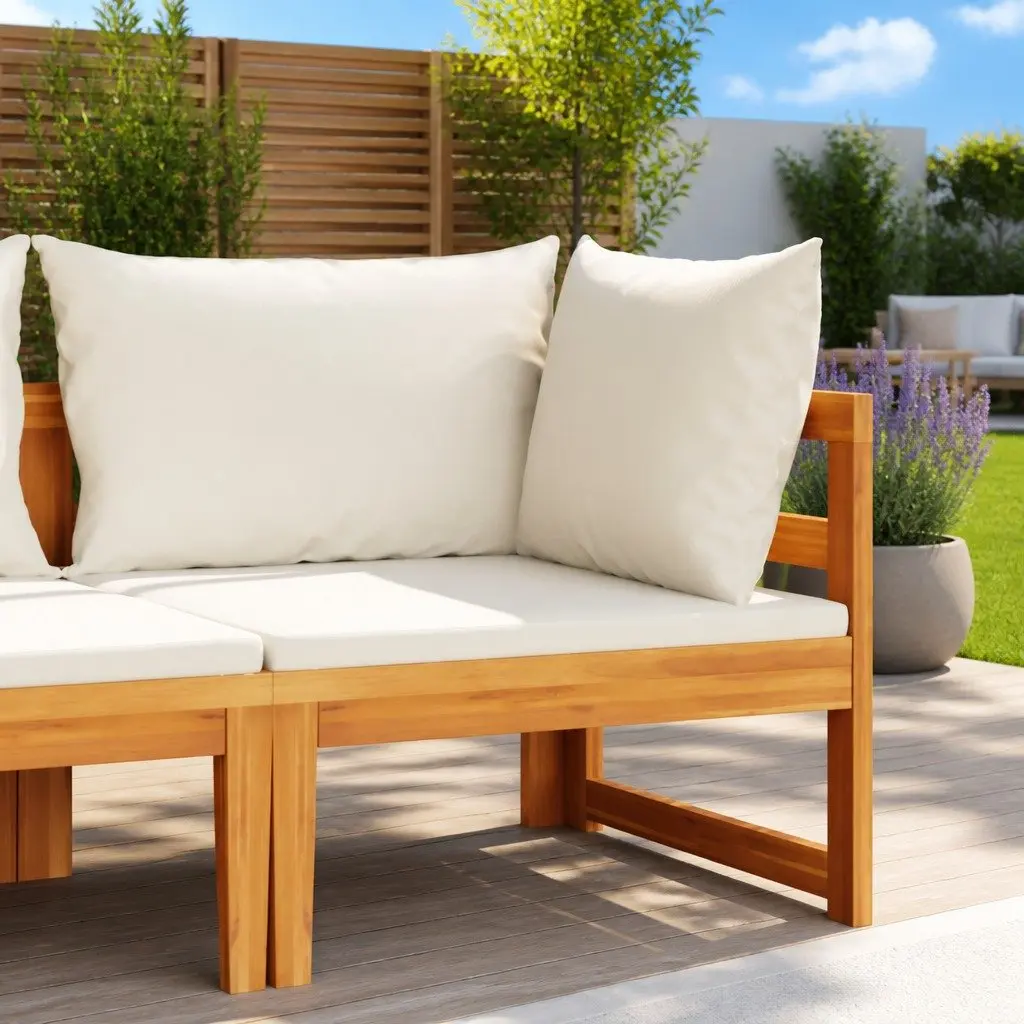 Outdoor Corner Sofa Acacia Wood Garden Sectional Lounge with Cream Cushions