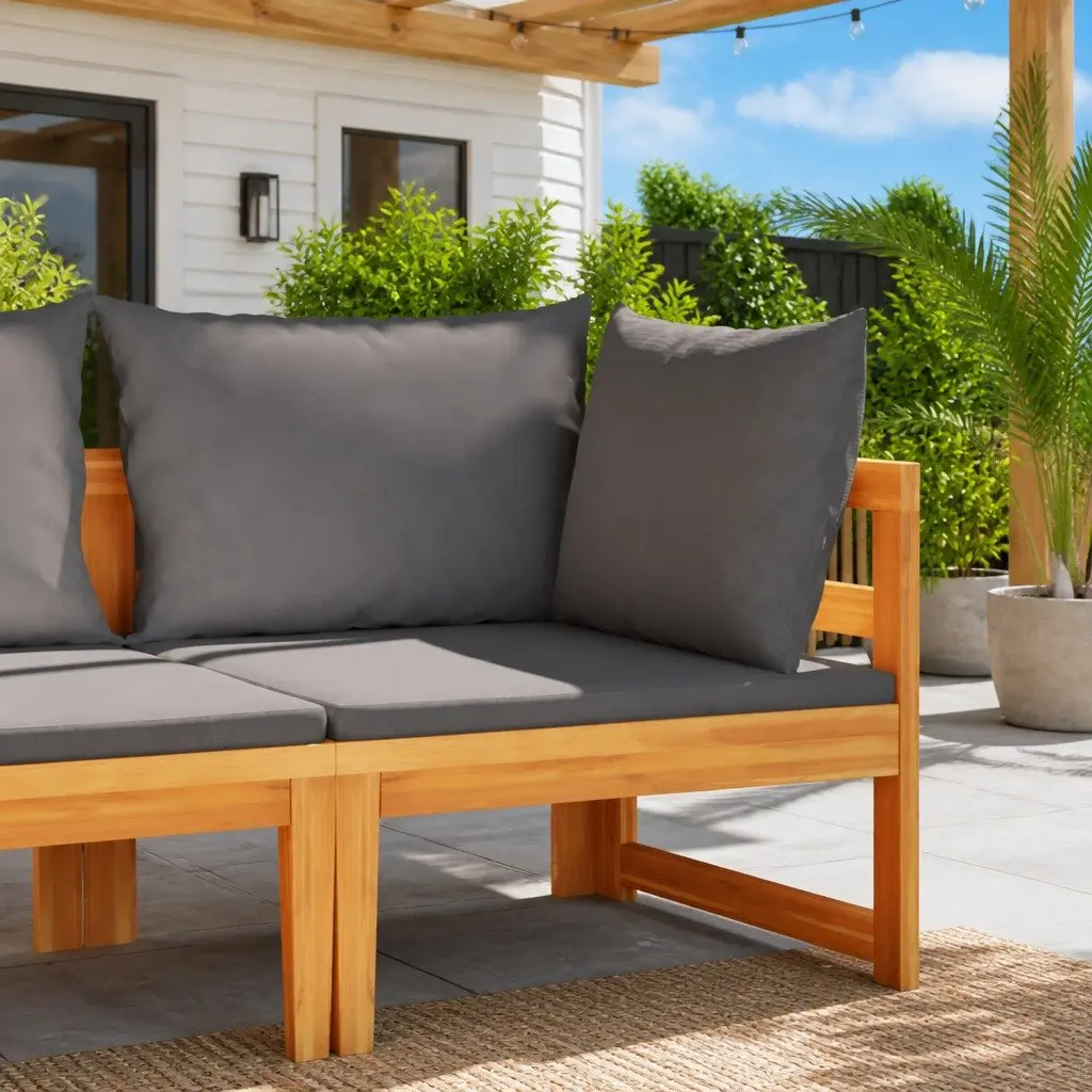 Outdoor Corner Sofa Acacia Wood Garden Sectional Lounge Dark Grey Cushions