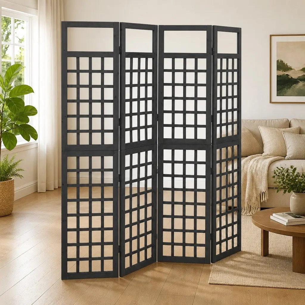 4-Panel Room Divider Solid Fir Wood Folding Privacy Screen Indoor Outdoor Black