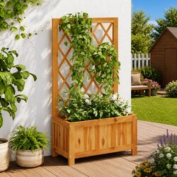 Garden Raised Bed with Trellis Solid Wood Planter Box Outdoor Flower Pots