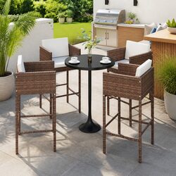 Outdoor Bar Stools Set 4 Pieces Brown Garden Seating with Cushions Patio Chairs