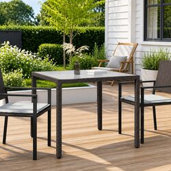 Garden Table 90x90x75cm Tempered Glass Top Poly Rattan Brown Outdoor Patio