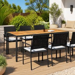 Garden Table 190x90x75cm Black Poly Rattan Acacia Wood Patio Outdoor Furniture
