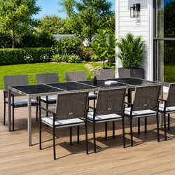 Garden Table Outdoor Patio Furniture Grey Tempered Glass Poly Rattan Frame