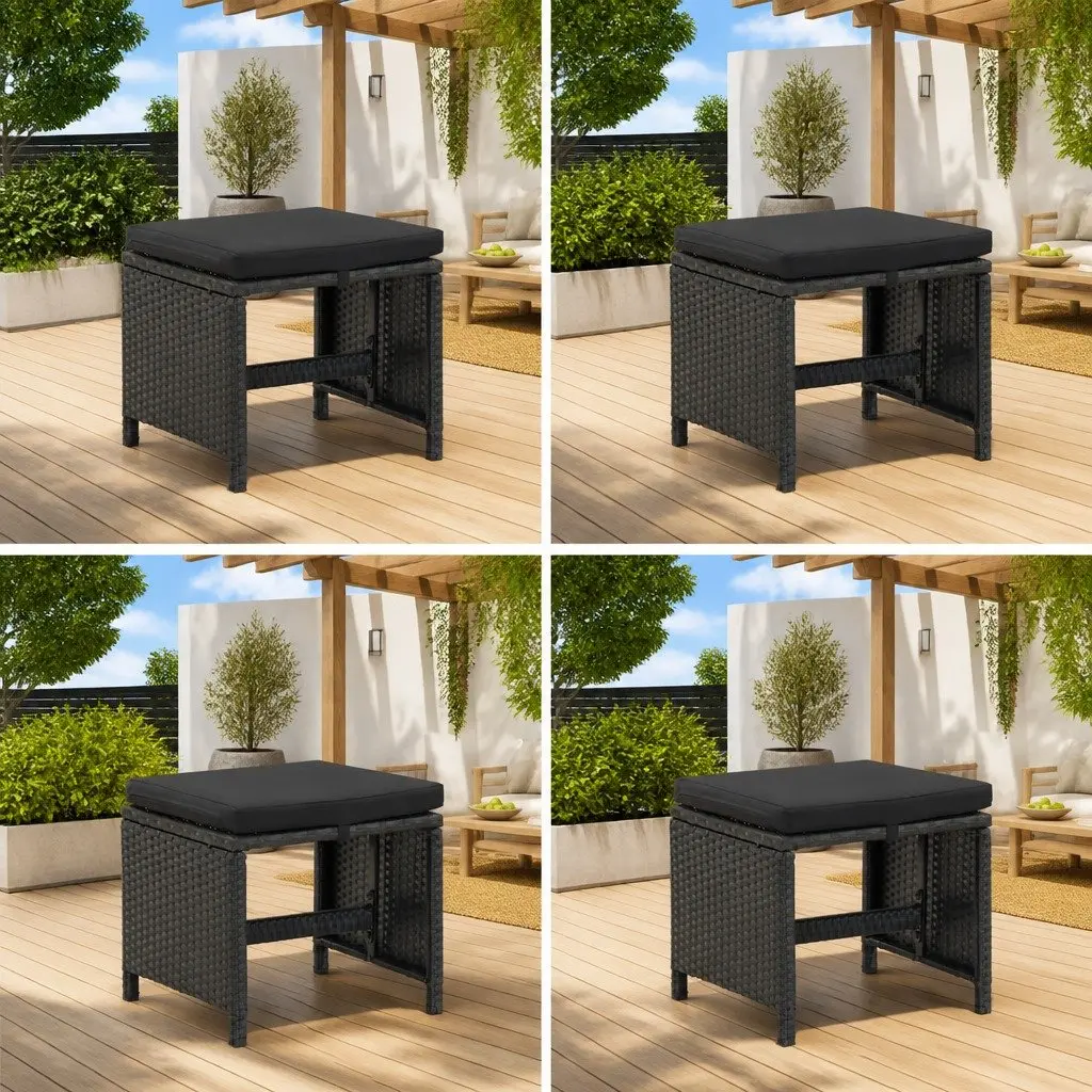 Outdoor Garden Stools Set 4 Piece Black Steel Frame with Weather-Resistant PE Rattan and Seat Cushions
