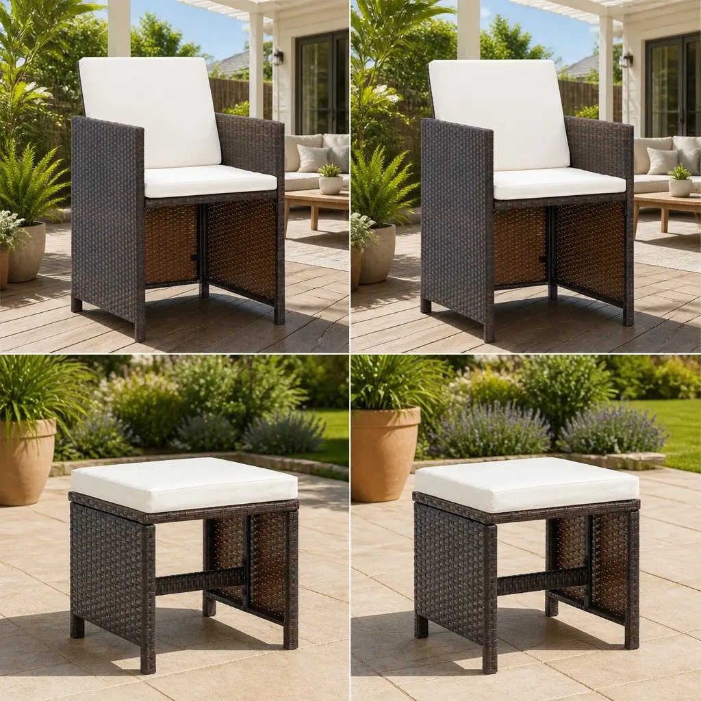 4 Piece Outdoor Garden Chair Stool Set Patio Seating with Cushions Brown