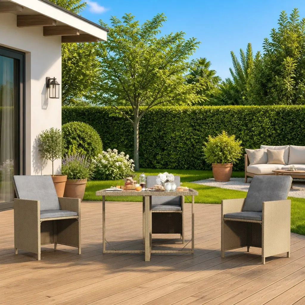 Garden Table Weather Resistant PE Rattan 109x107x74cm Beige Tempered Glass Top Powder Coated Steel Frame