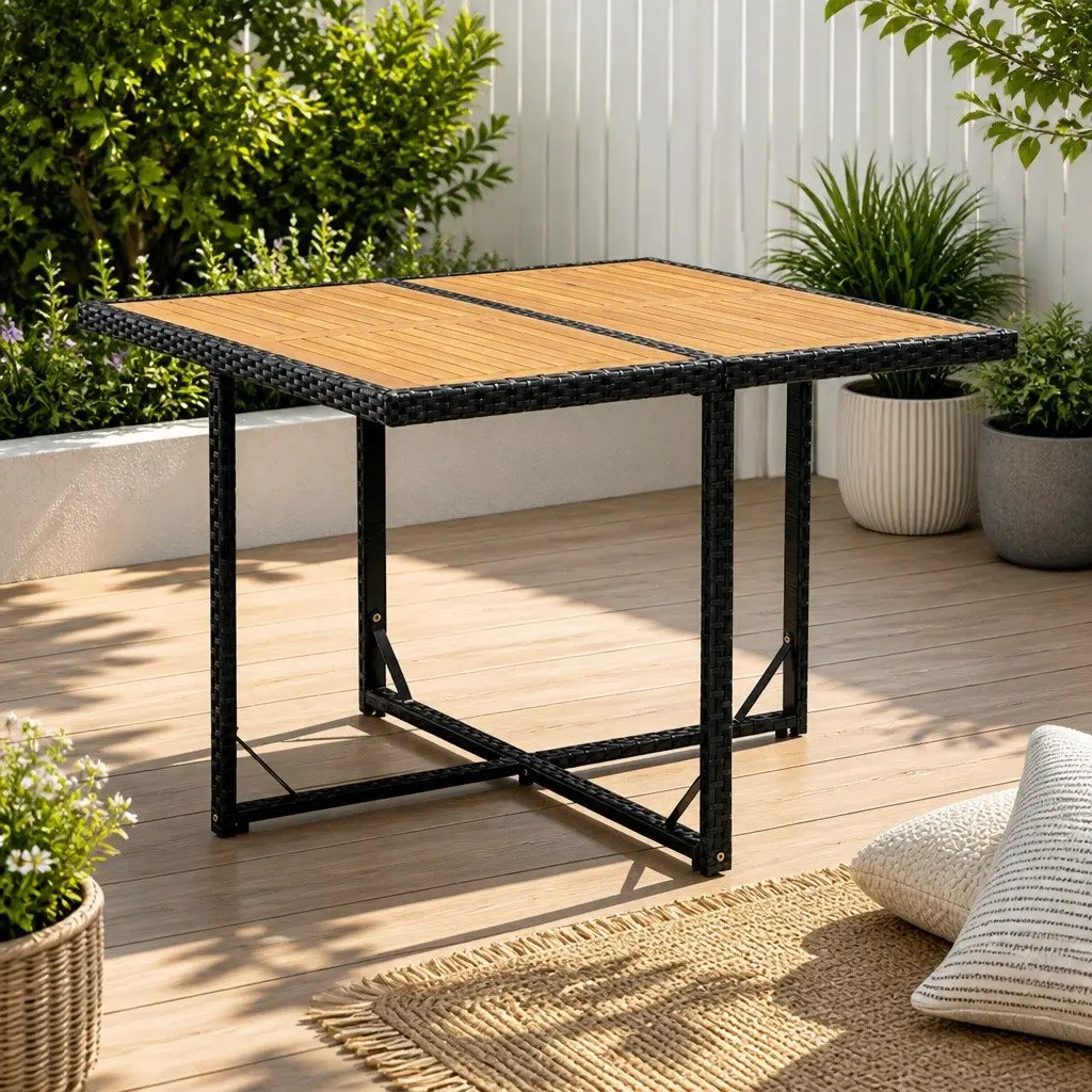 Garden Dining Table Weather-resistant PE Rattan Steel Frame Wooden Top Black 109x107x74cm