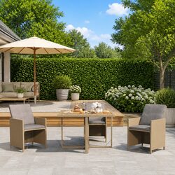 Garden Dining Table Beige Outdoor Furniture Patio Rattan Wood Acacia