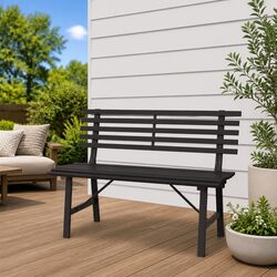 Outdoor Garden Bench 110cm Steel Slatted Backrest Patio Seating Black