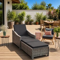 Sun Lounger Outdoor Patio Chair Adjustable Backrest Poly Rattan Grey with