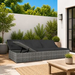 Convertible Sun Bed Sofa Outdoor Garden Lounger Poly Rattan Grey Cushions