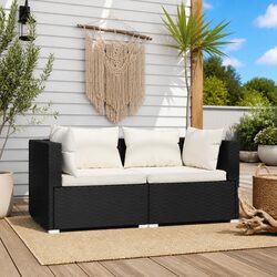 2-Seater Outdoor Sofa with Cushions Black Poly Rattan Garden Furniture Set