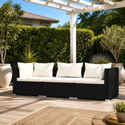 3-Seater Outdoor Sofa with Cushions Black Rattan Garden Patio Furniture Set
