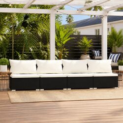 4-Seater Outdoor Sofa Black Poly Rattan Garden Patio Furniture Set with Cushions
