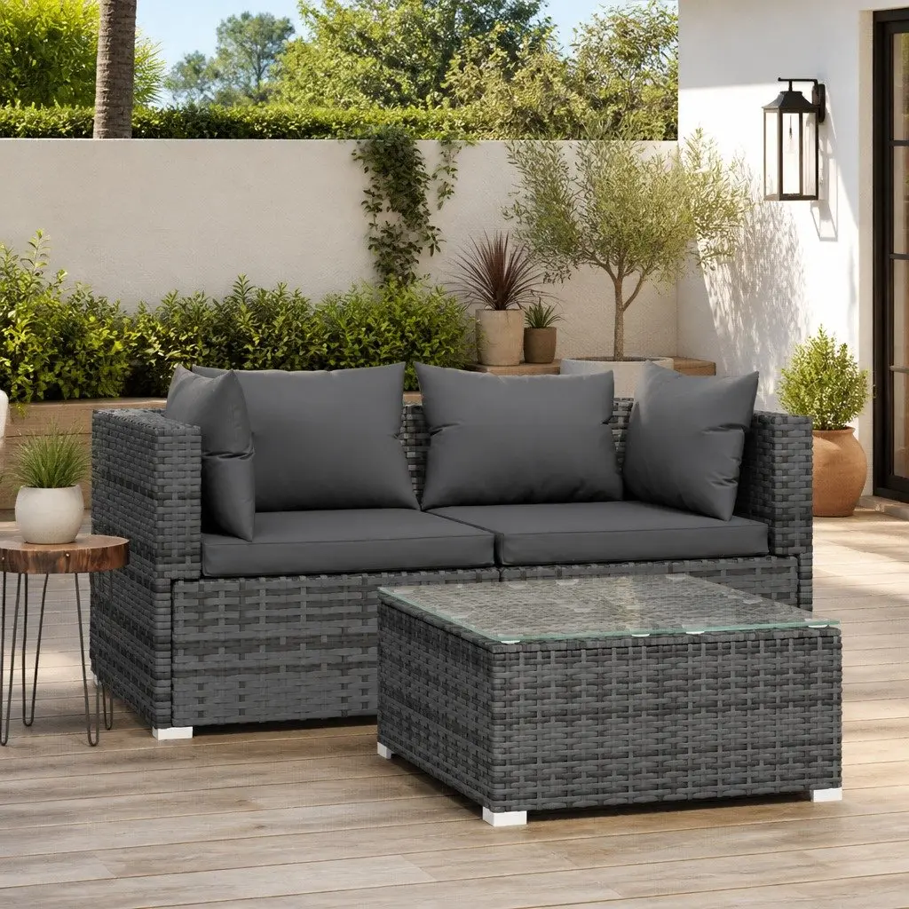 3 Piece Garden Lounge Set Grey PE Rattan Outdoor Furniture with Cushions