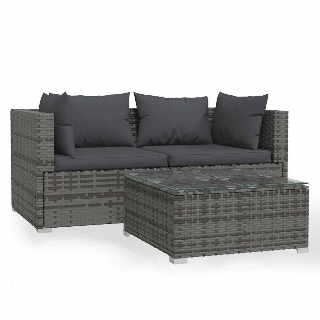 3 Piece Garden Lounge Set Grey PE Rattan Outdoor Furniture with Cushions