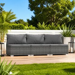 3-Seater Garden Sofa Grey Rattan Patio Furniture Outdoor Seating with Cushions