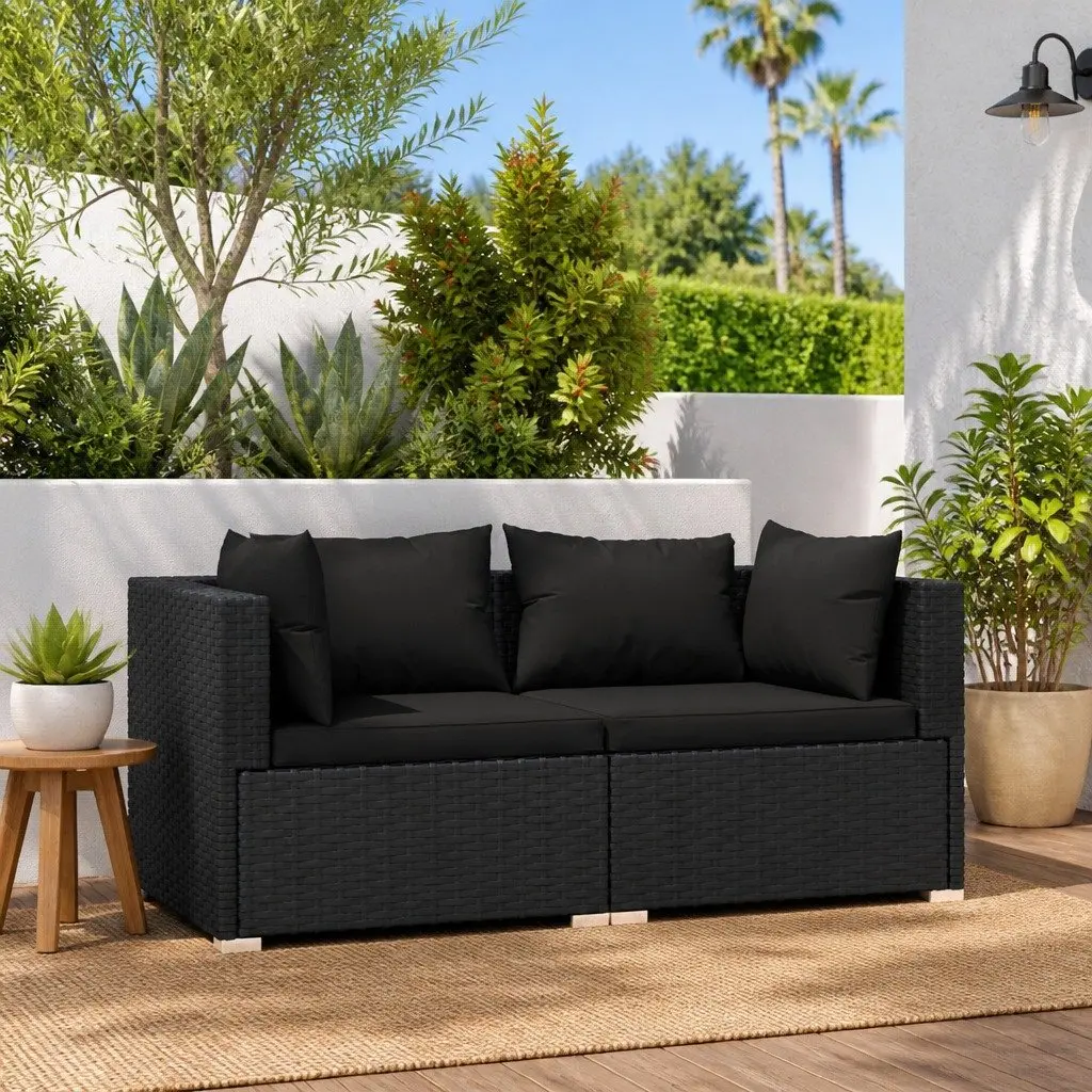 2-Seater Outdoor Garden Sofa Set Black Rattan with Cushions