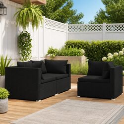 3 Piece Outdoor Garden Lounge Set Black PE Rattan Sectional Sofa with Cushions