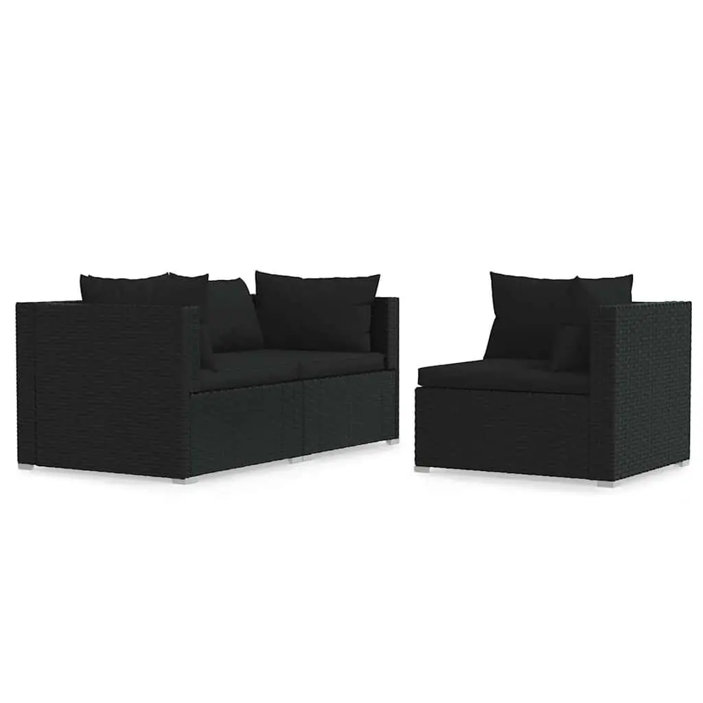 3 Piece Outdoor Garden Lounge Set Black PE Rattan Sectional Sofa with Cushions