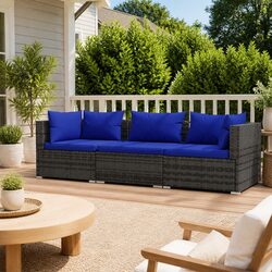 3-Seater Outdoor Sofa Grey Poly Rattan Garden Patio Furniture Set with Cushions