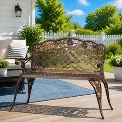 Garden Bench 108cm Outdoor Seating Cast Aluminium Brown Patio Furniture