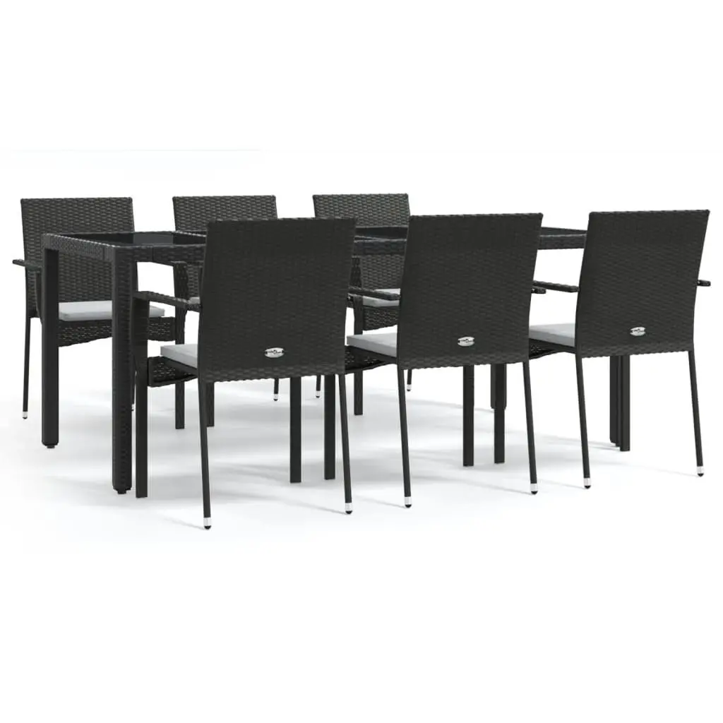 7 Piece Garden Dining Set Outdoor Furniture Black Poly Rattan with Cushions