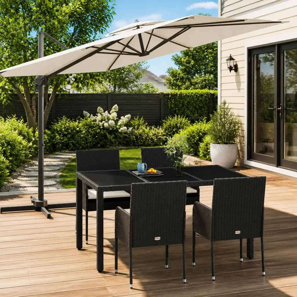 5 Piece Outdoor Garden Dining Set with Cushions Black Poly Rattan Patio Table